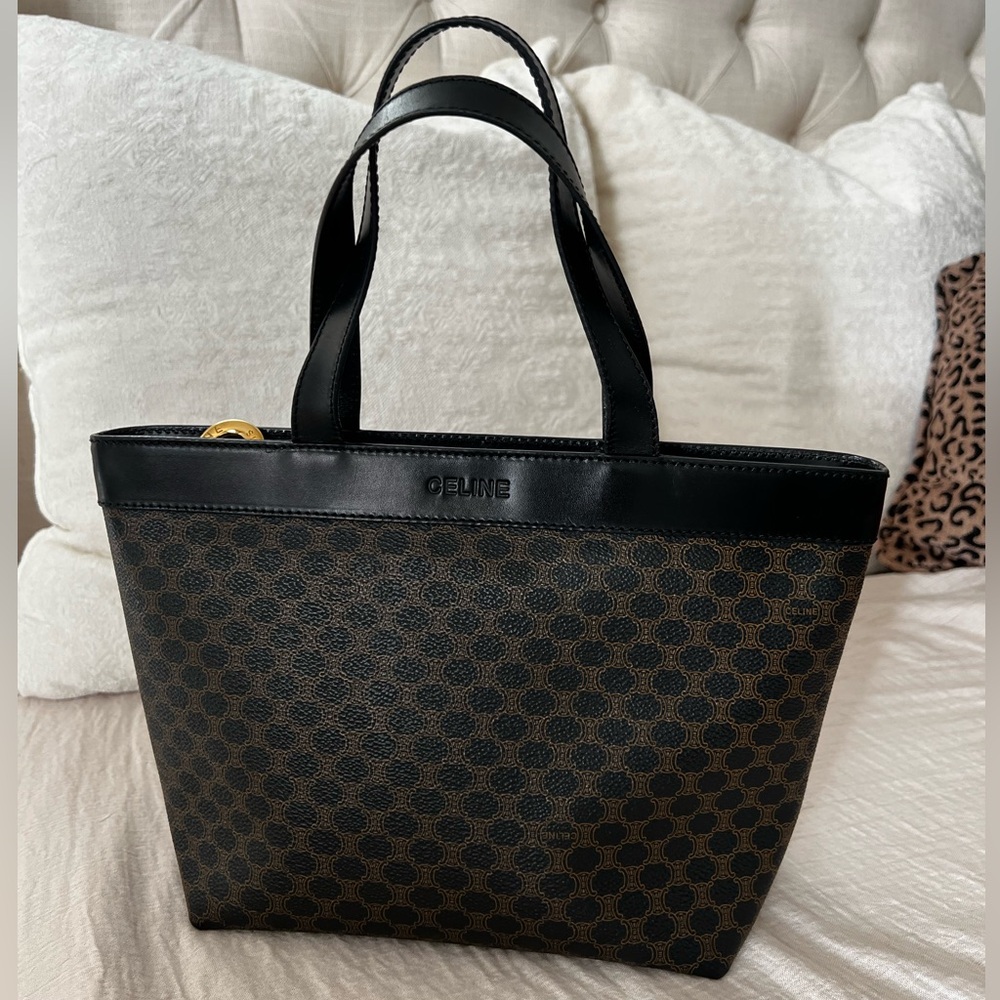 Celine Elegant Black and Brown Tote with Macadam print, leather trim & gold logo